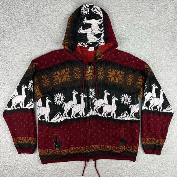 Yari Artesanias Hoodie Men Small S Red Alpaca Wool Sweater Full Zip Knit Vintage - Picture 1 of 9